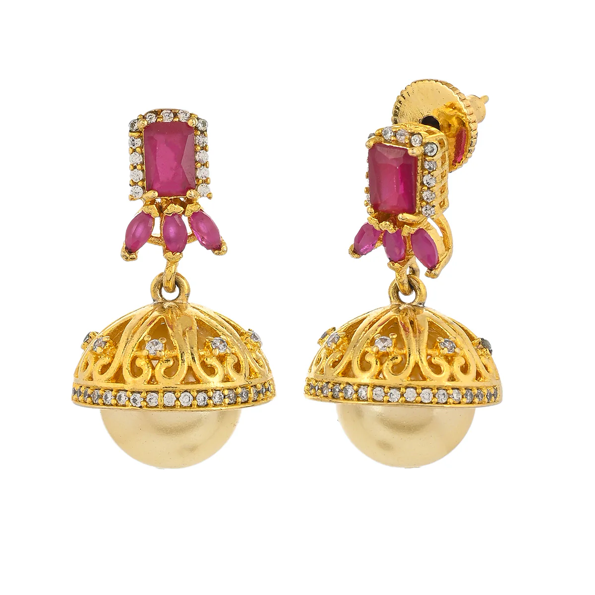 CZ Traditional Gold Plated Red & White Jhumka Earrings - Image 4