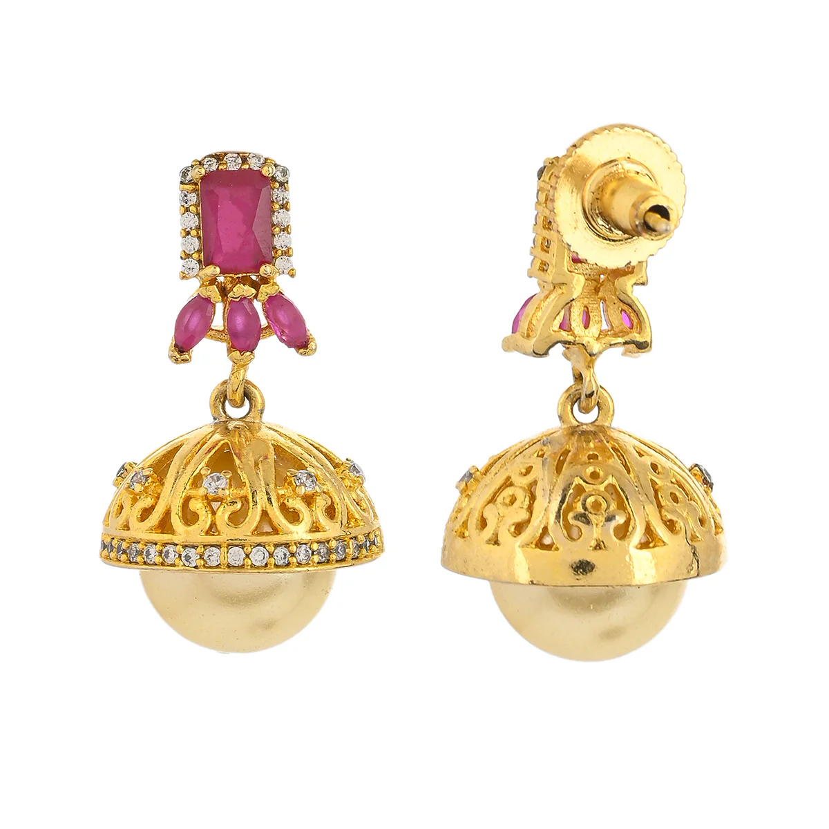 CZ Traditional Gold Plated Red & White Jhumka Earrings - Image 5