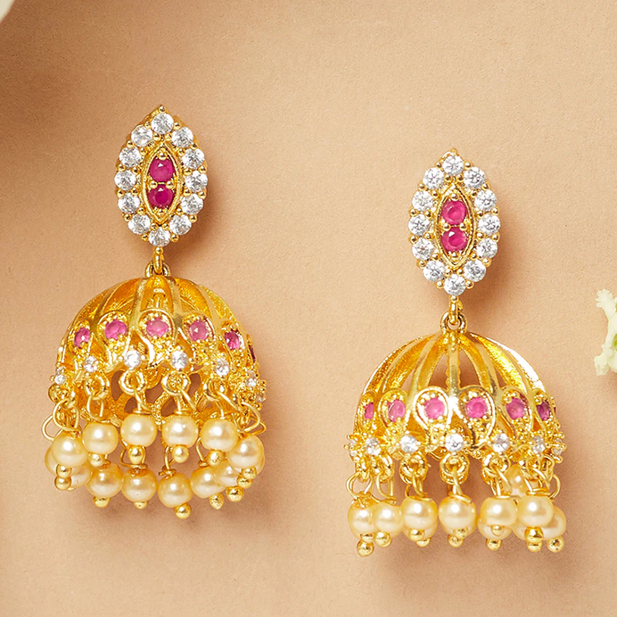 CZ Traditional Gold Plated Red & White Jhumka Earrings
