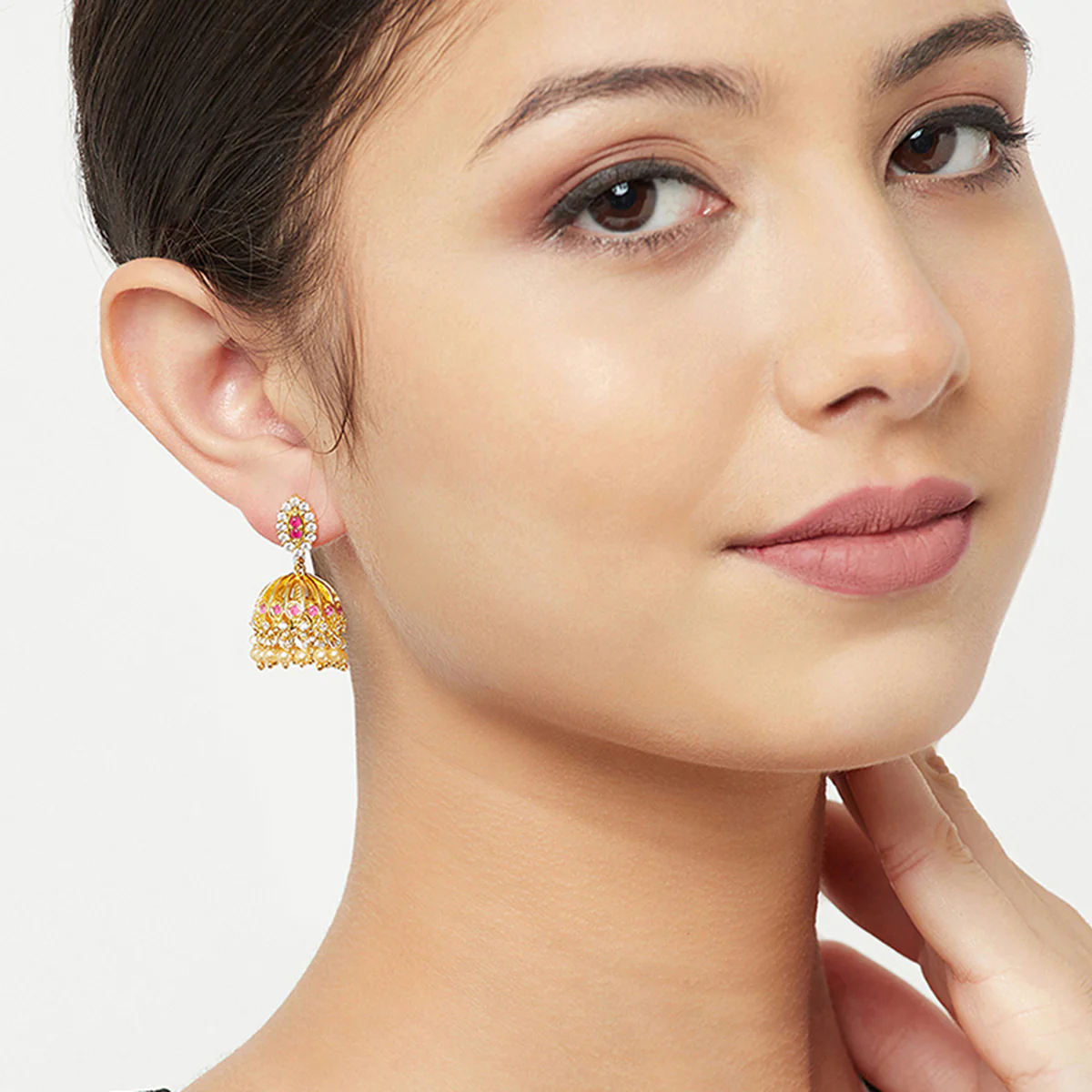 CZ Traditional Gold Plated Red & White Jhumka Earrings - Image 2