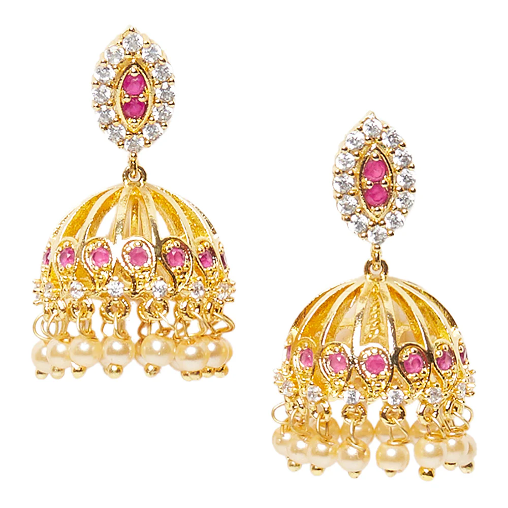 CZ Traditional Gold Plated Red & White Jhumka Earrings - Image 3