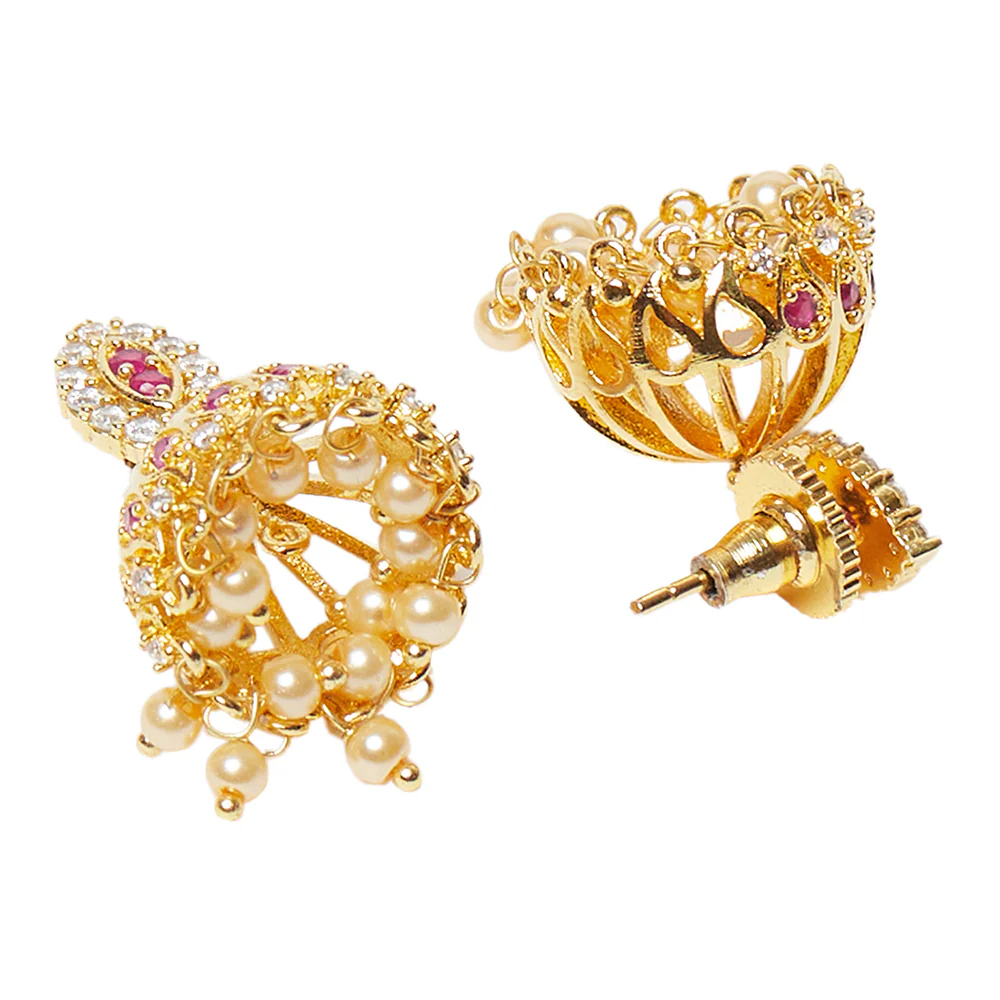 CZ Traditional Gold Plated Red & White Jhumka Earrings - Image 4
