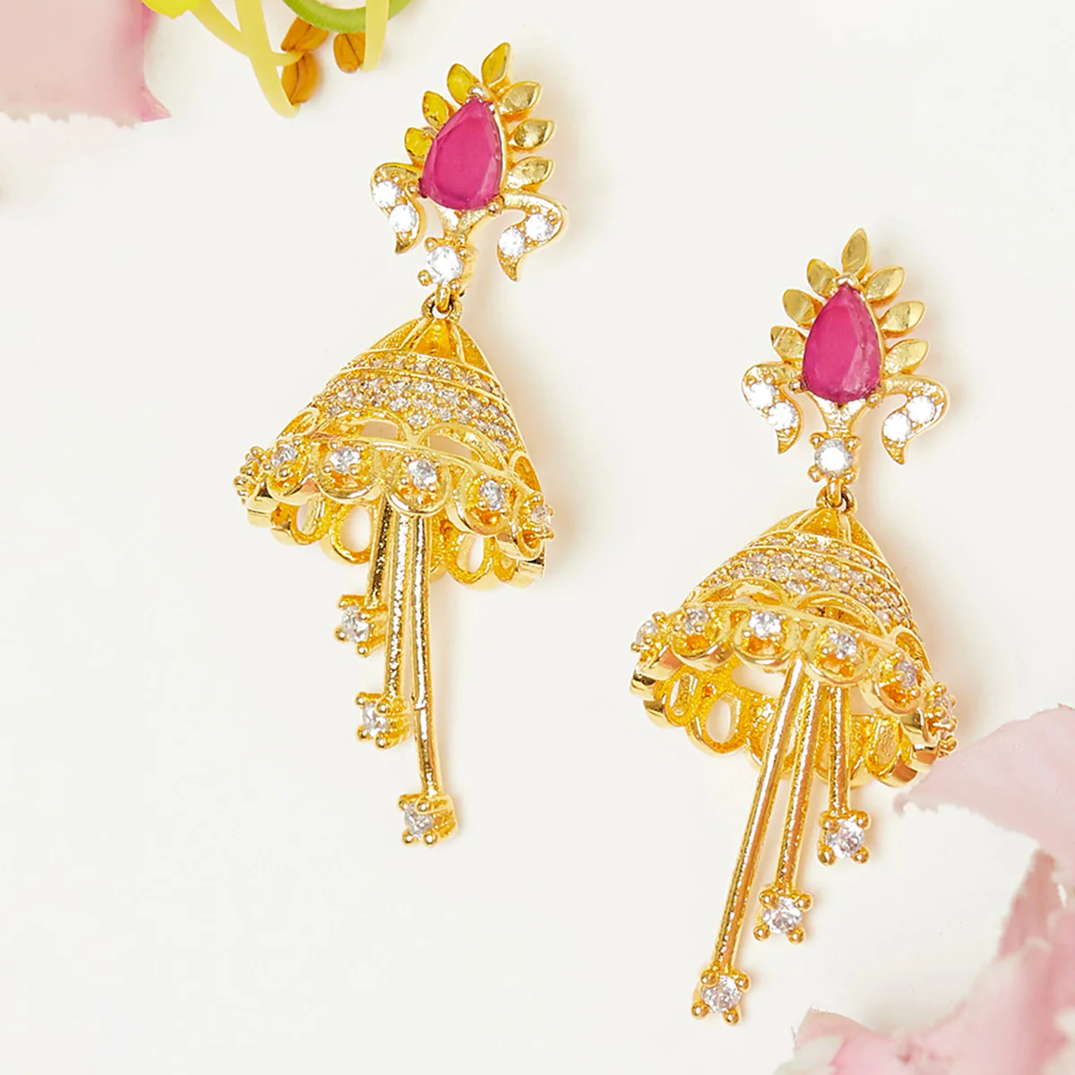 American Diamond CZ Traditional Gold Plated Red & White Brass Jhumka Earrings for Women