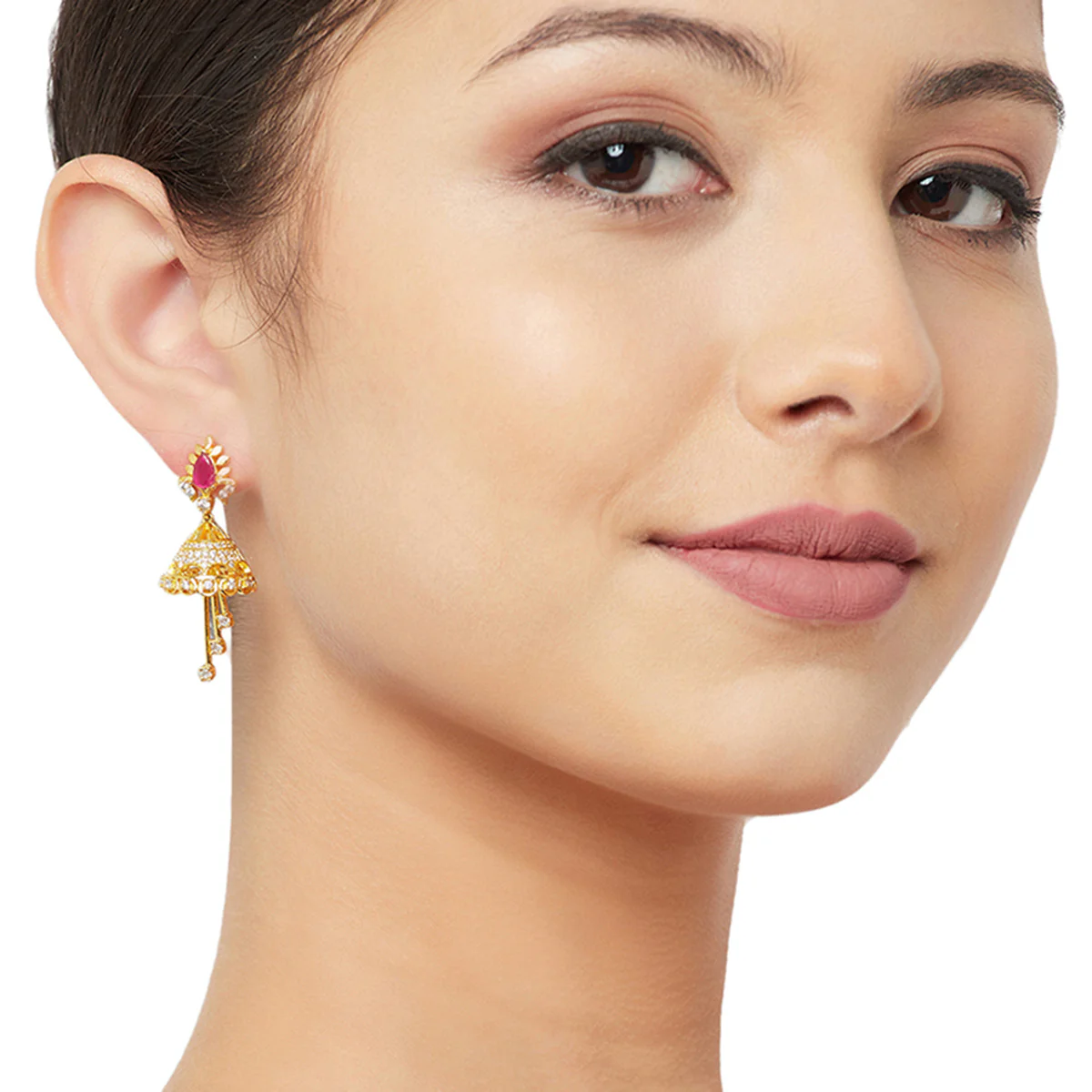 American Diamond CZ Traditional Gold Plated Red & White Brass Jhumka Earrings for Women - Image 2