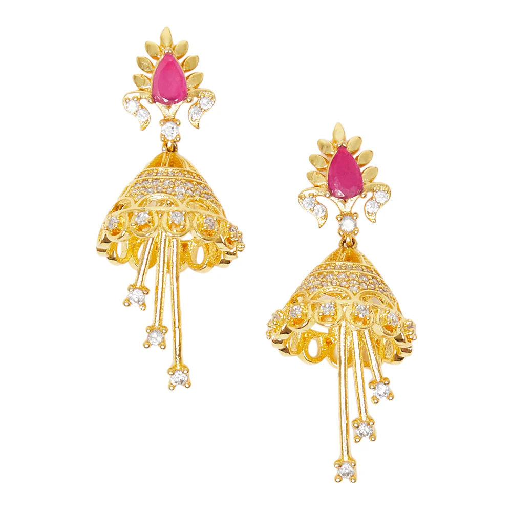 American Diamond CZ Traditional Gold Plated Red & White Brass Jhumka Earrings for Women - Image 3