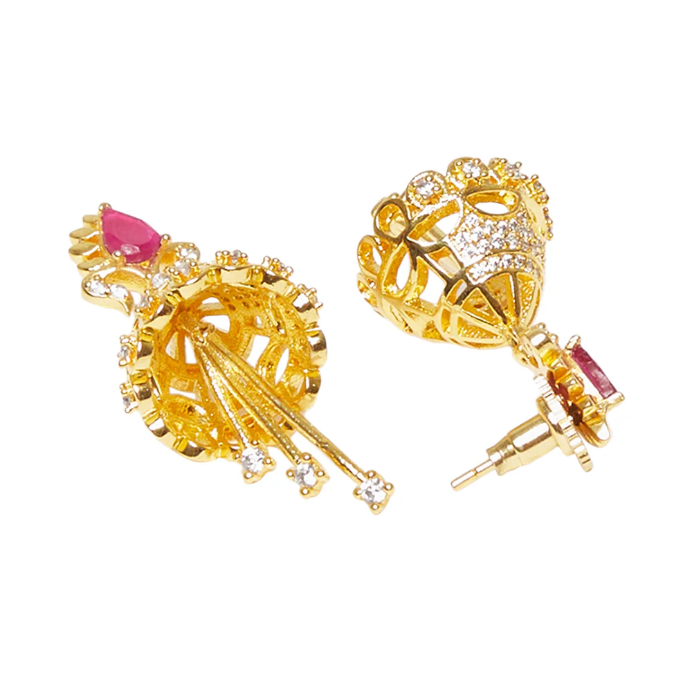 American Diamond CZ Traditional Gold Plated Red & White Brass Jhumka Earrings for Women - Image 4
