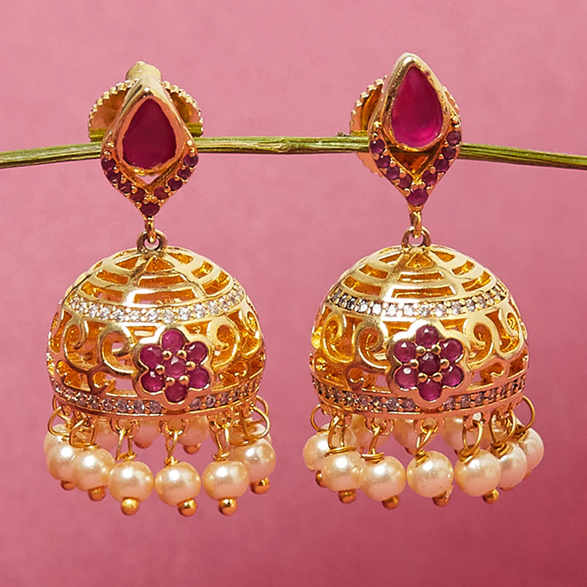 American Diamond CZ Traditional Gold Plated Red & White Brass Jhumka Earrings for Women