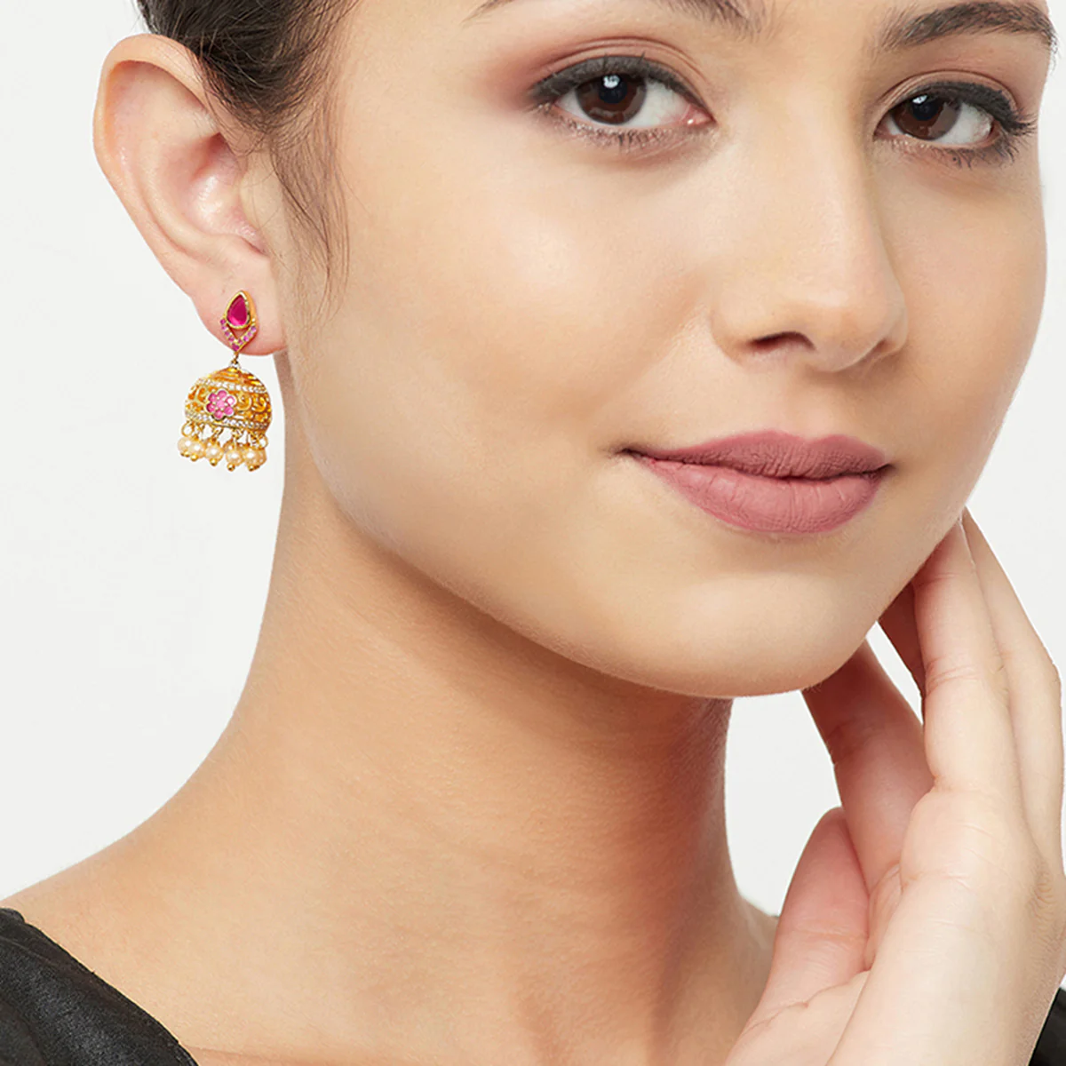 American Diamond CZ Traditional Gold Plated Red & White Brass Jhumka Earrings for Women - Image 2
