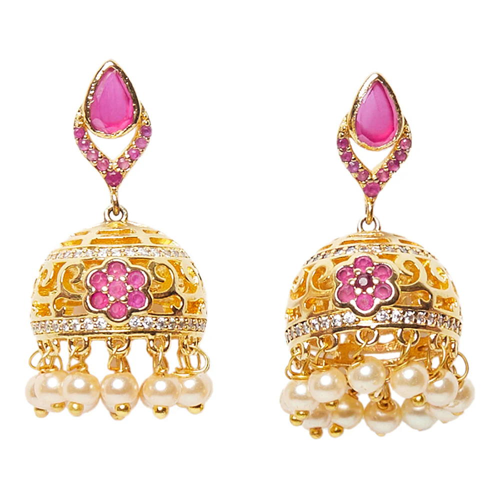 American Diamond CZ Traditional Gold Plated Red & White Brass Jhumka Earrings for Women - Image 3