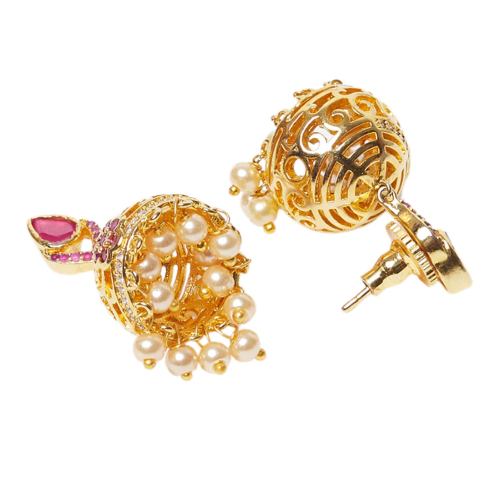 American Diamond CZ Traditional Gold Plated Red & White Brass Jhumka Earrings for Women - Image 4