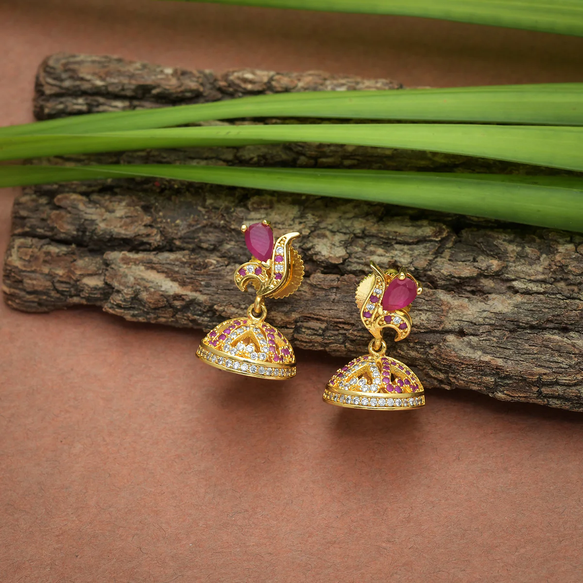 CZ Traditional Gold Plated Red & White Jhumka Earrings