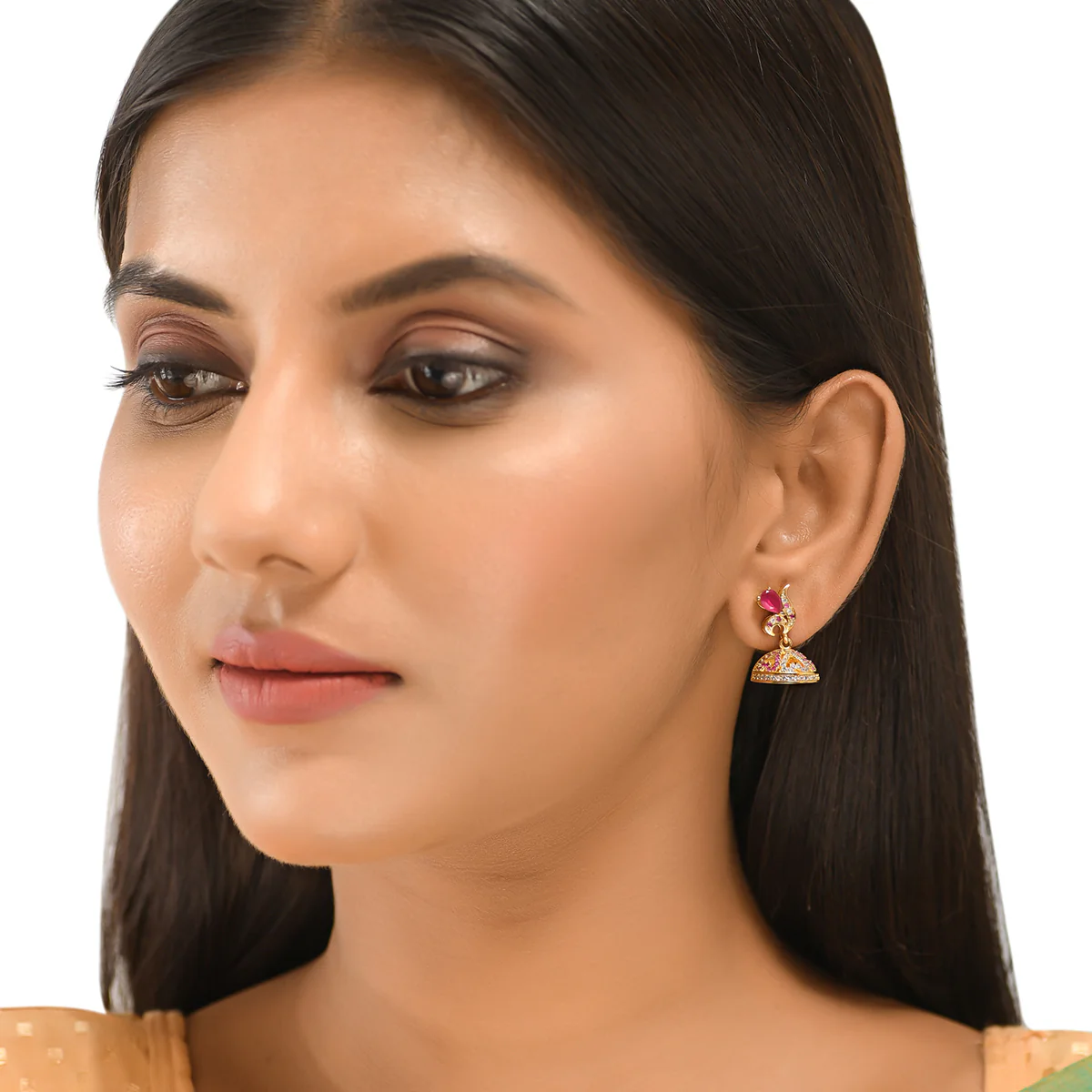 CZ Traditional Gold Plated Red & White Jhumka Earrings - Image 2
