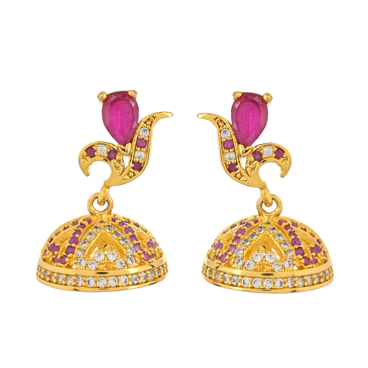 CZ Traditional Gold Plated Red & White Jhumka Earrings - Image 3