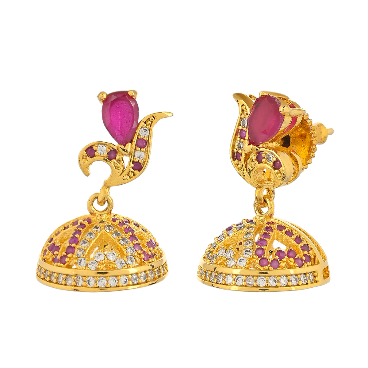 CZ Traditional Gold Plated Red & White Jhumka Earrings - Image 4