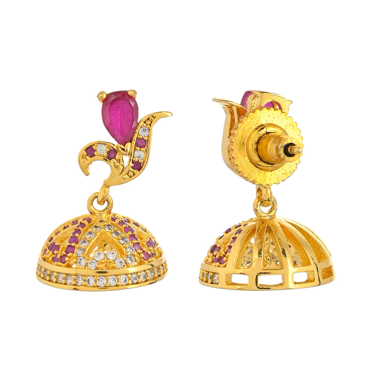 CZ Traditional Gold Plated Red & White Jhumka Earrings - Image 5