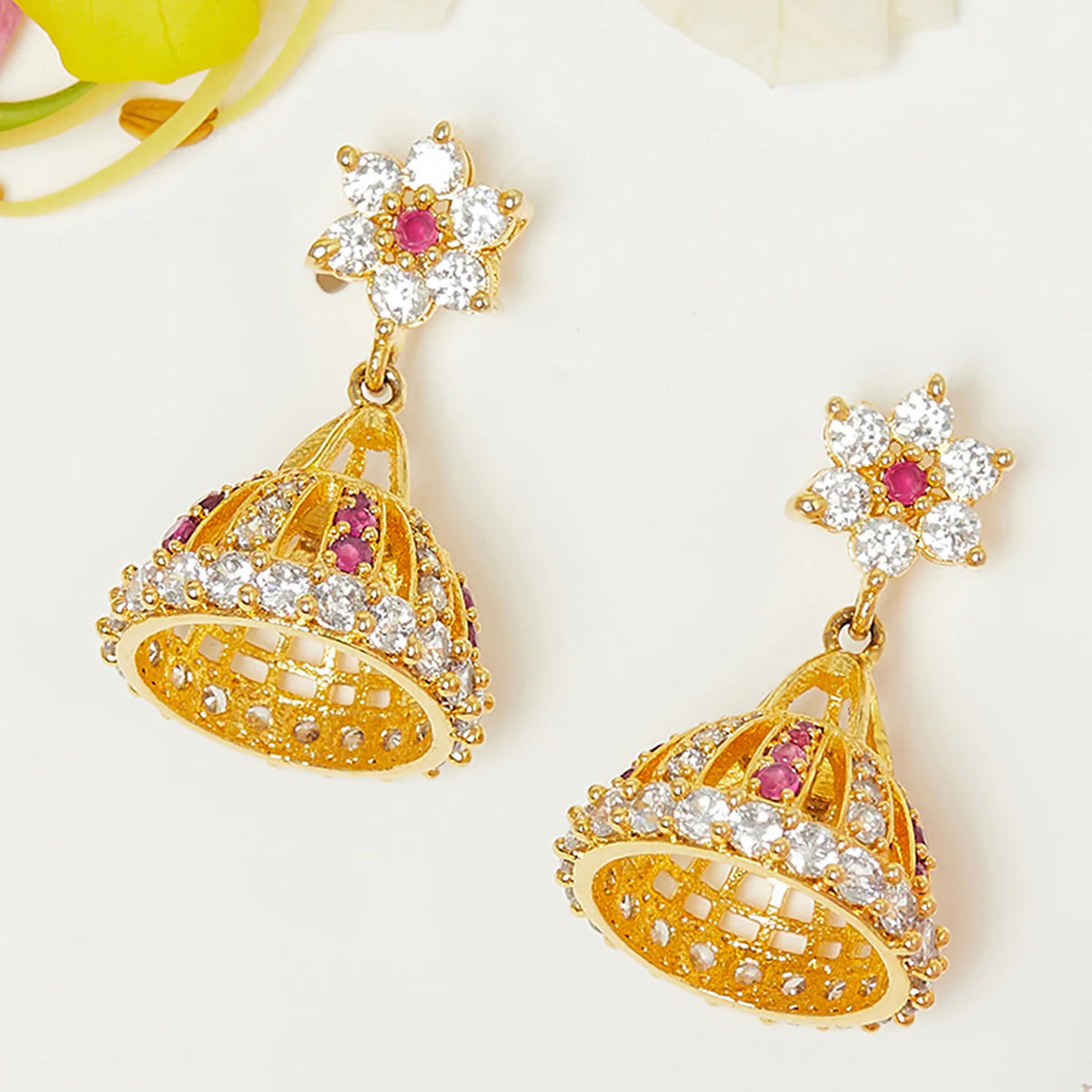 American Diamond CZ Traditional Gold Plated Red & White Brass Jhumka Earrings for Women