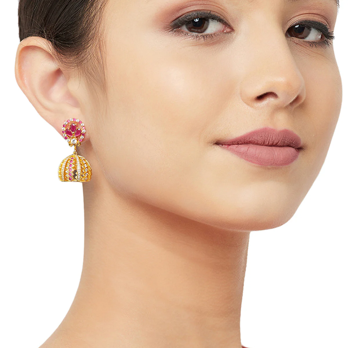 American Diamond CZ Traditional Gold Plated Red & White Brass Jhumka Earrings for Women - Image 2