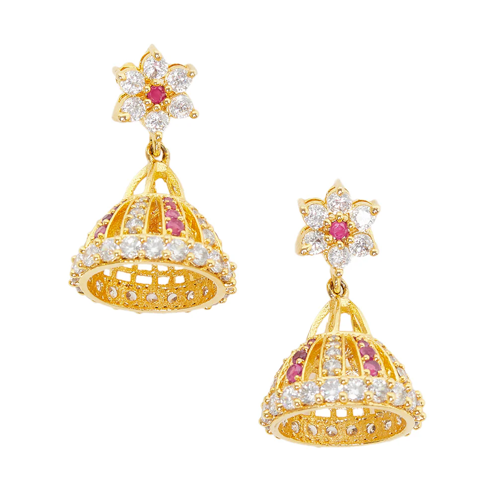American Diamond CZ Traditional Gold Plated Red & White Brass Jhumka Earrings for Women - Image 3