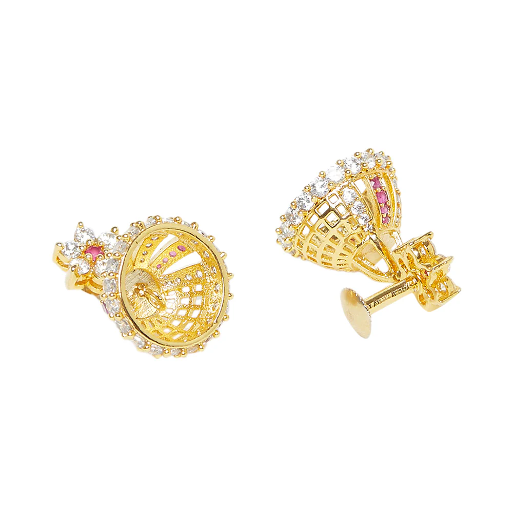 American Diamond CZ Traditional Gold Plated Red & White Brass Jhumka Earrings for Women - Image 4