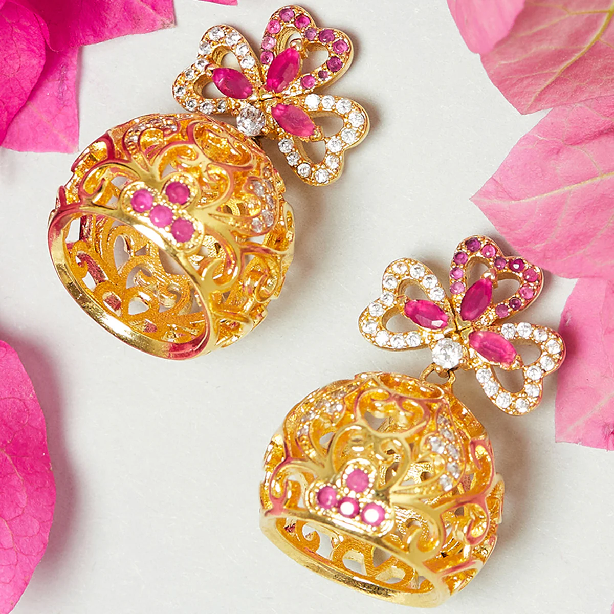 CZ Traditional Gold Plated Red & White Jhumka Earrings