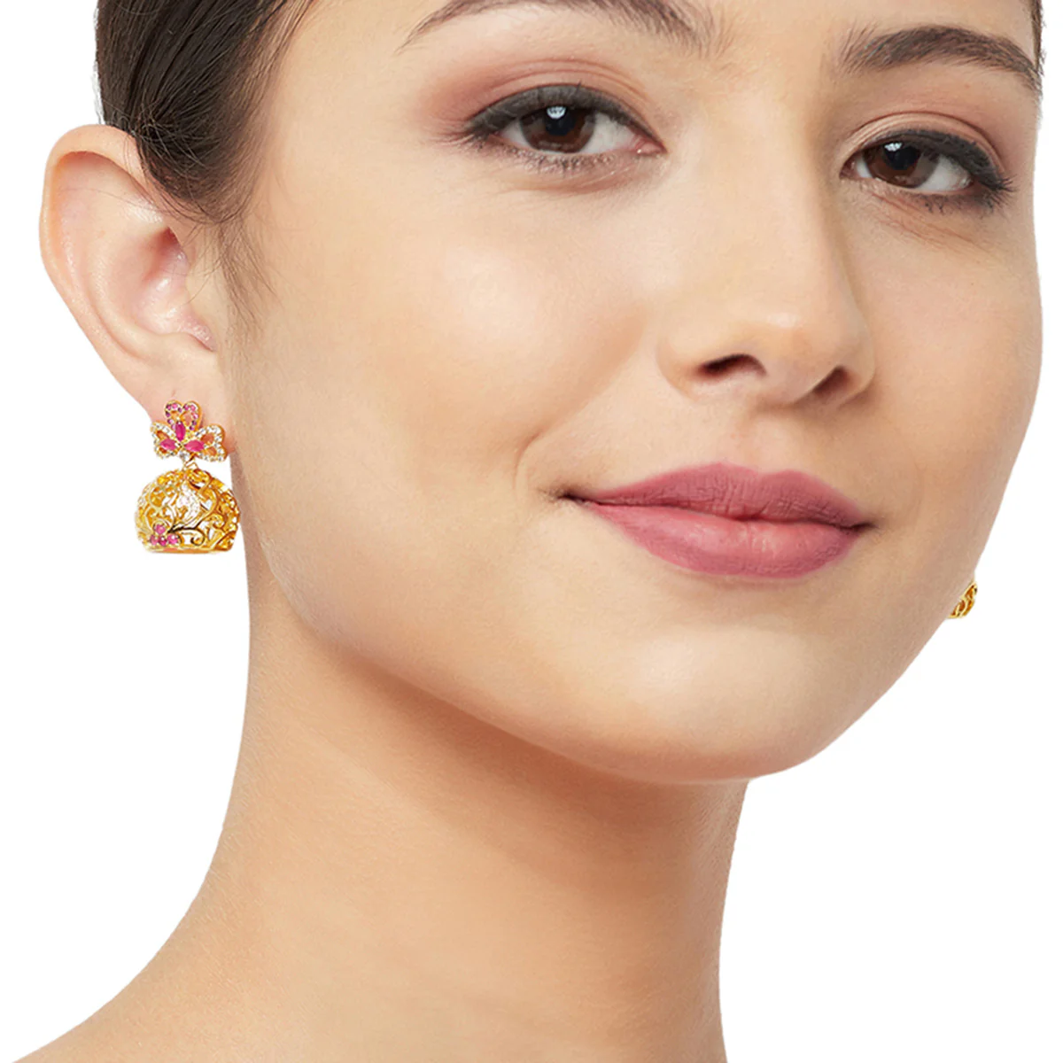 CZ Traditional Gold Plated Red & White Jhumka Earrings - Image 2
