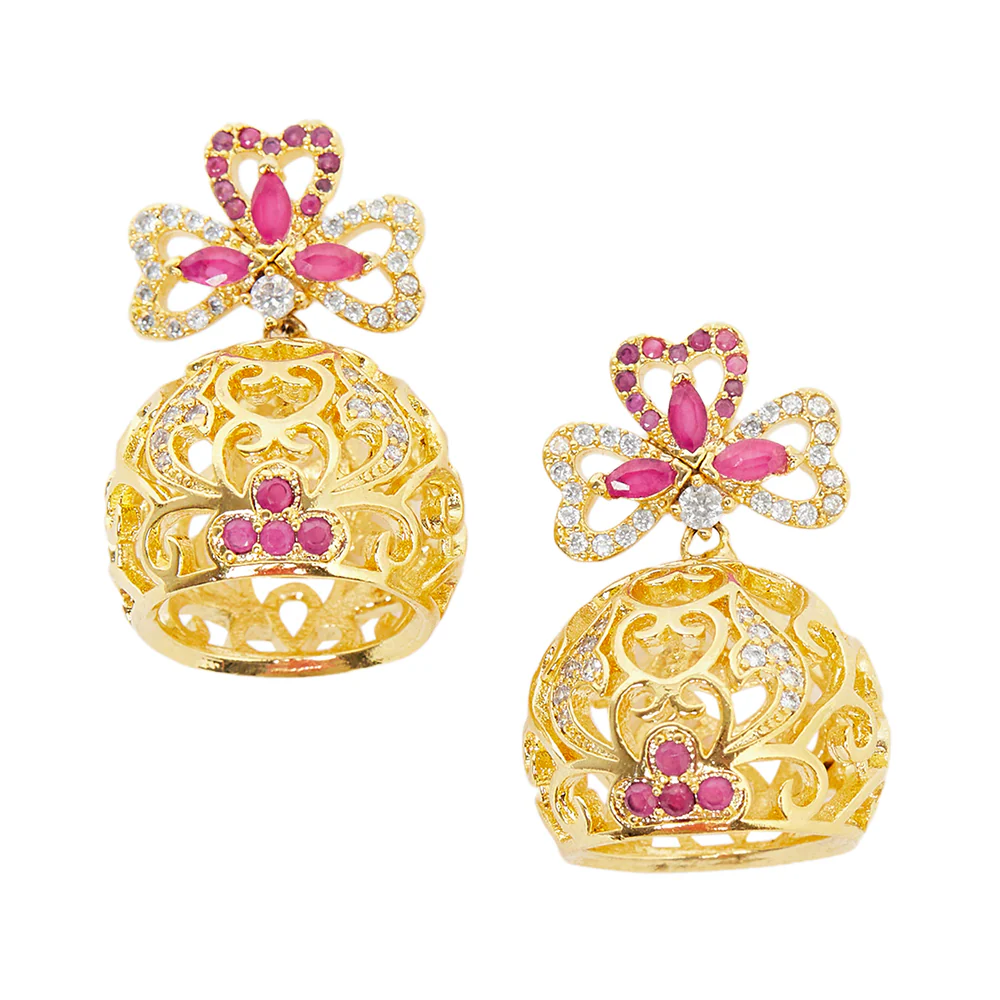 CZ Traditional Gold Plated Red & White Jhumka Earrings - Image 3