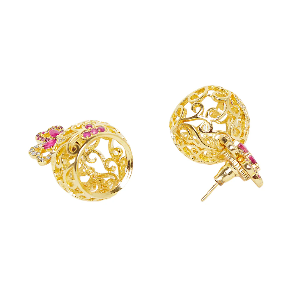 CZ Traditional Gold Plated Red & White Jhumka Earrings - Image 4
