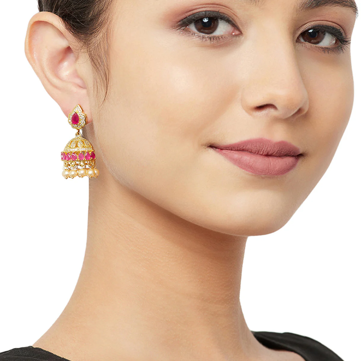 American Diamond CZ Traditional Gold Plated Red & White Brass Jhumka Earrings for Women - Image 2