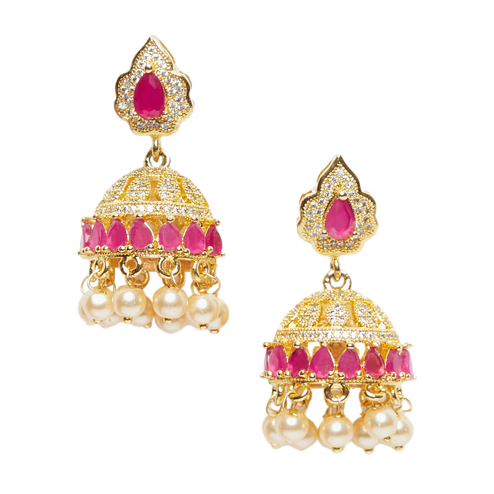 American Diamond CZ Traditional Gold Plated Red & White Brass Jhumka Earrings for Women - Image 3