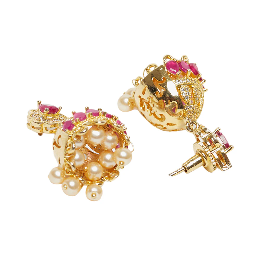 American Diamond CZ Traditional Gold Plated Red & White Brass Jhumka Earrings for Women - Image 4