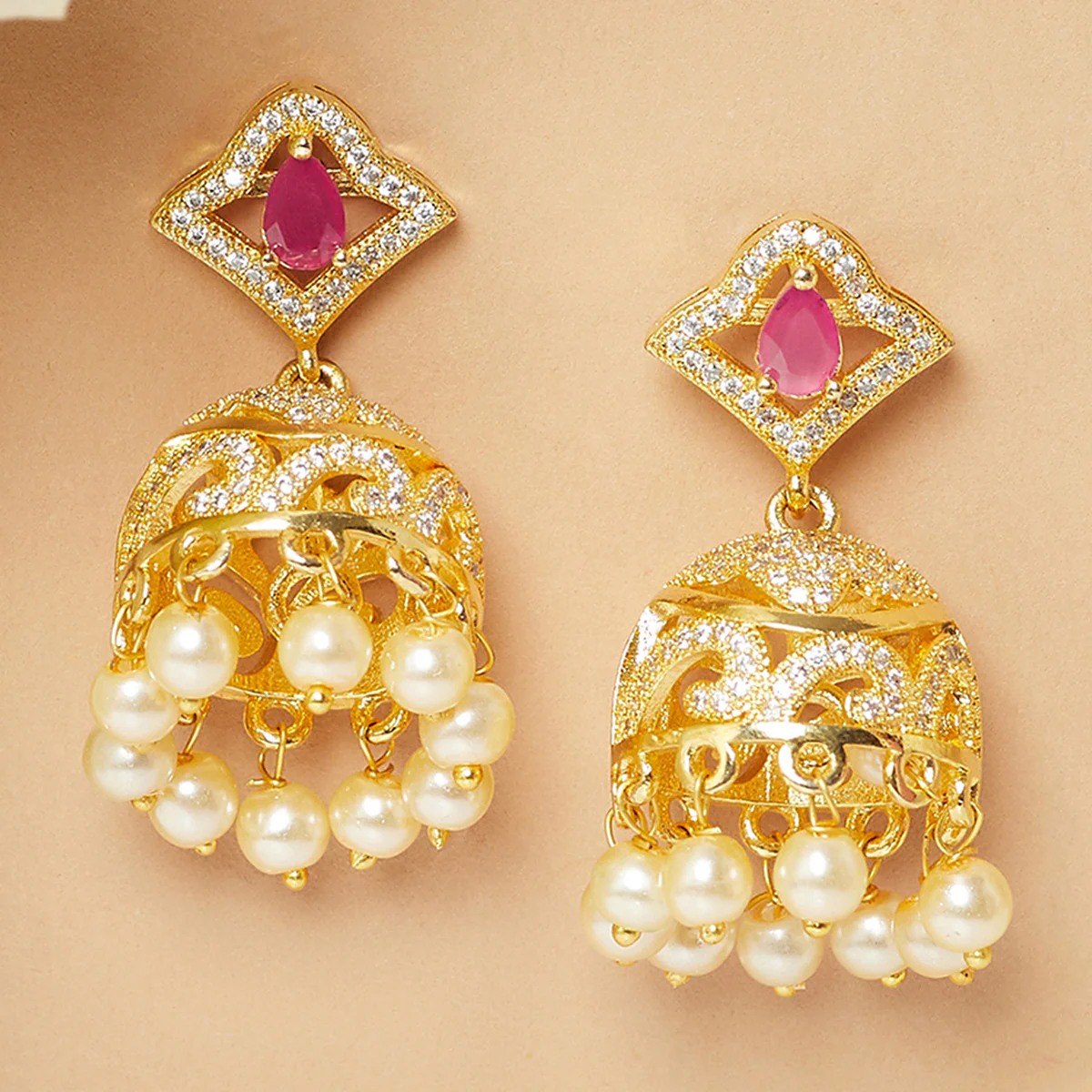 CZ Traditional Gold Plated Red & White Jhumka Earrings