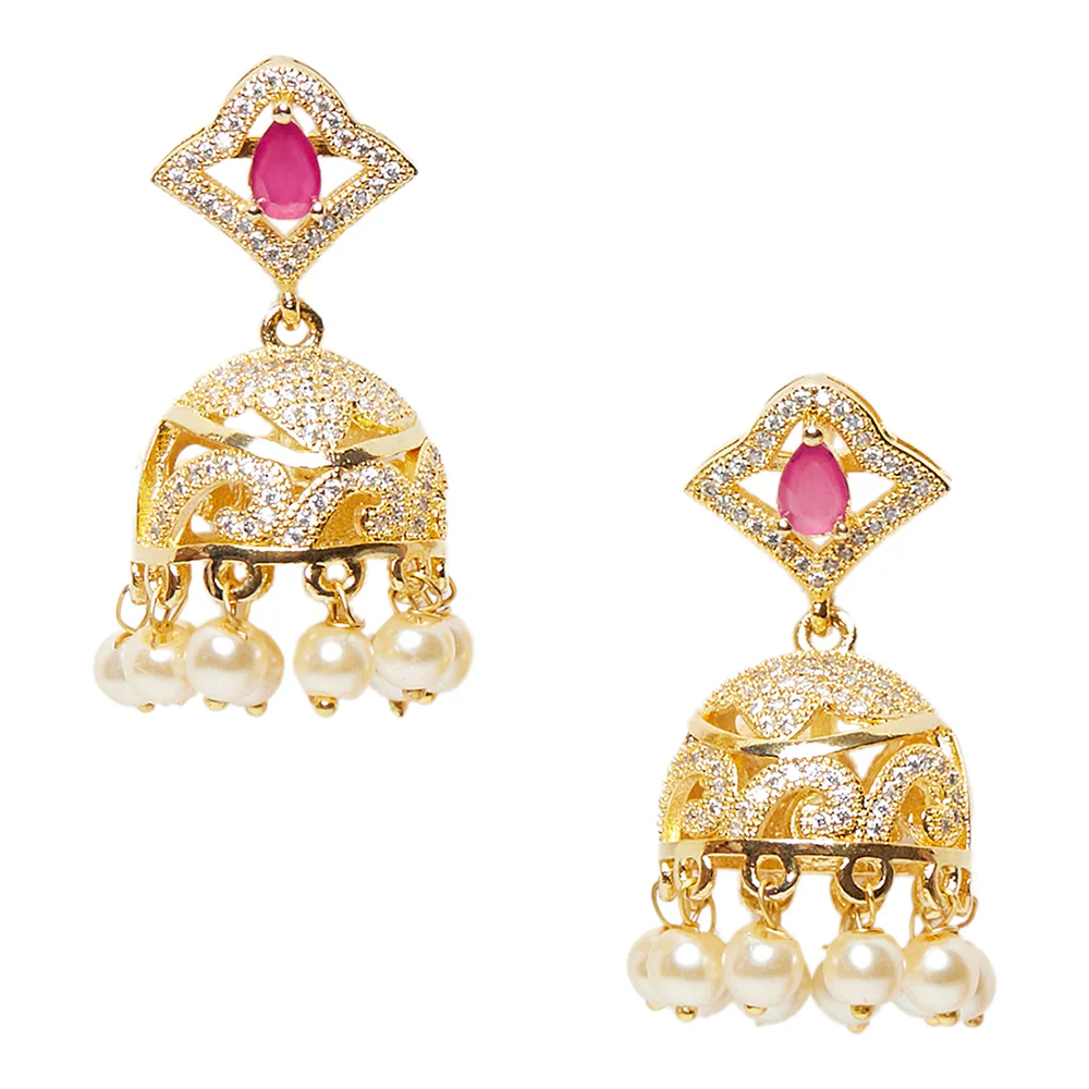 CZ Traditional Gold Plated Red & White Jhumka Earrings - Image 3