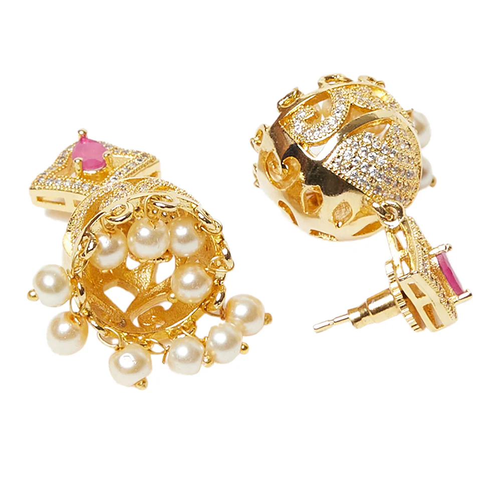 CZ Traditional Gold Plated Red & White Jhumka Earrings - Image 4