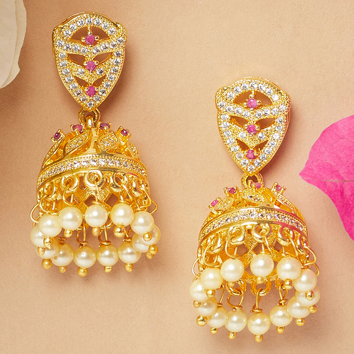 American Diamond CZ Traditional Gold Plated Red & White Brass Jhumka Earrings for Women