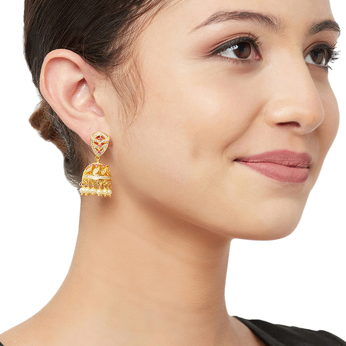American Diamond CZ Traditional Gold Plated Red & White Brass Jhumka Earrings for Women - Image 2