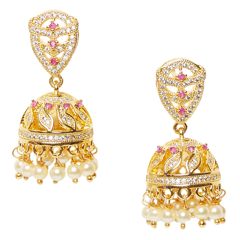 American Diamond CZ Traditional Gold Plated Red & White Brass Jhumka Earrings for Women - Image 3