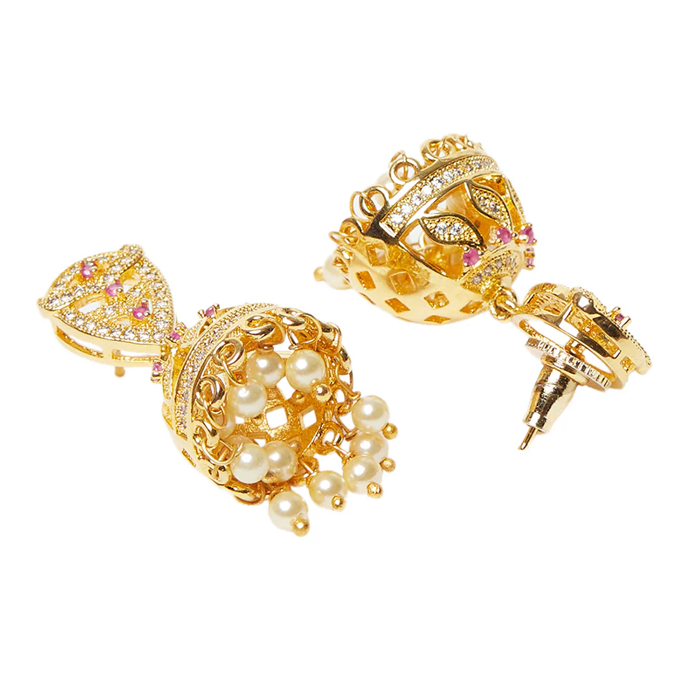 American Diamond CZ Traditional Gold Plated Red & White Brass Jhumka Earrings for Women - Image 4
