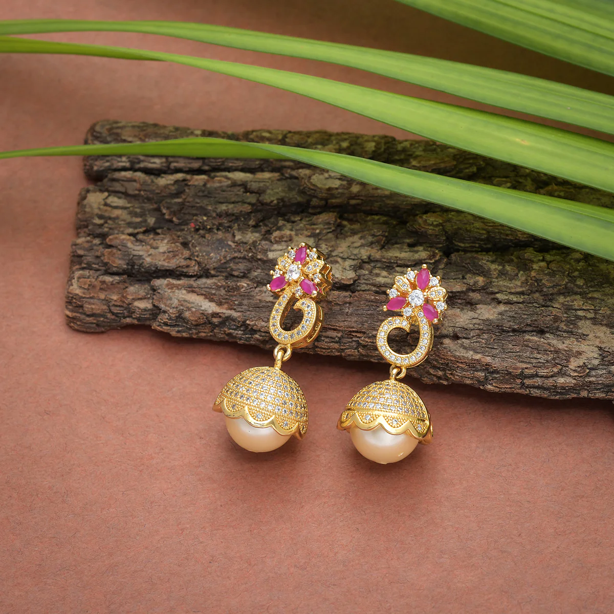 CZ Traditional Gold Plated Red & White Jhumka Earrings