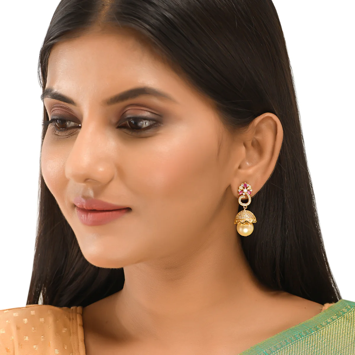 CZ Traditional Gold Plated Red & White Jhumka Earrings - Image 2