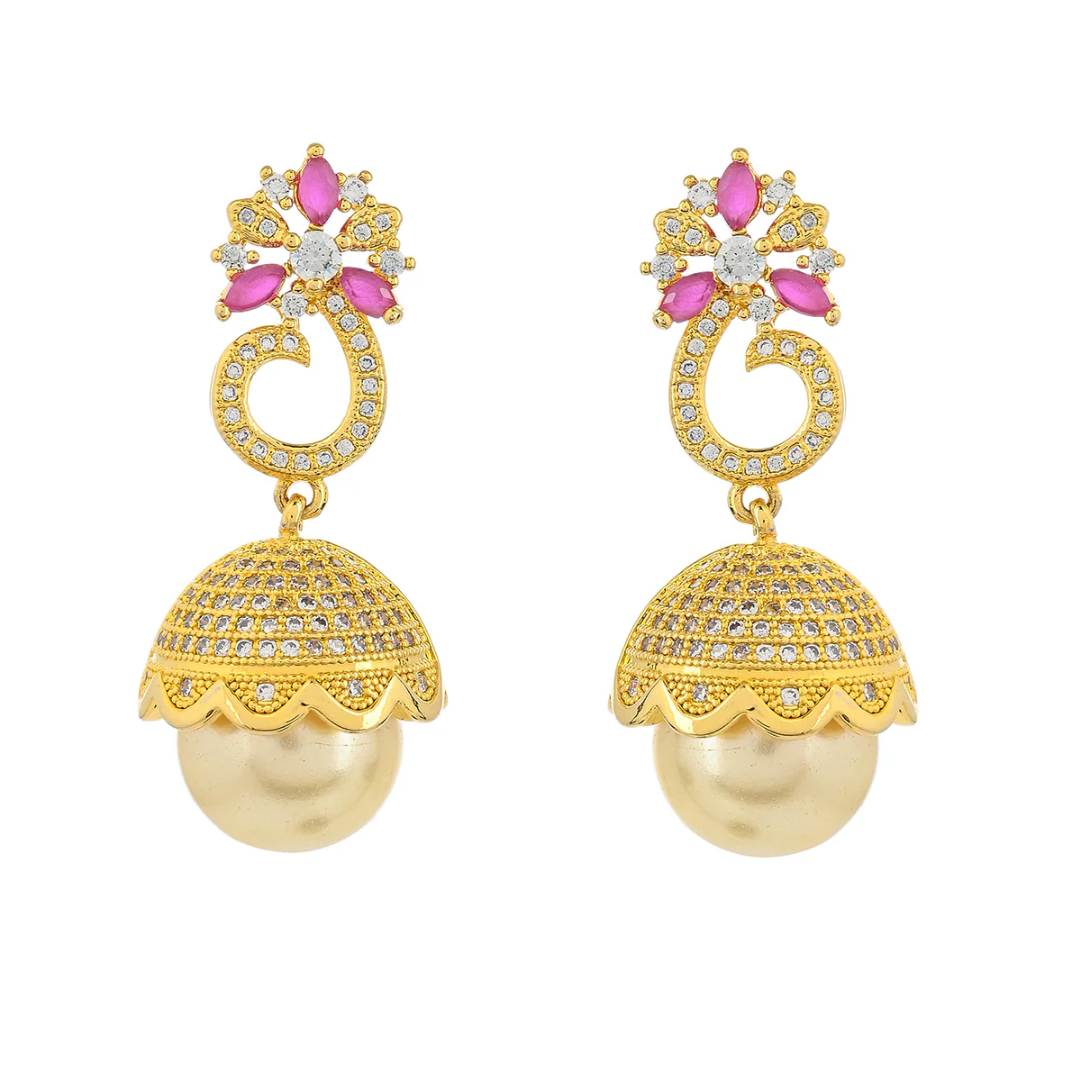 CZ Traditional Gold Plated Red & White Jhumka Earrings - Image 3