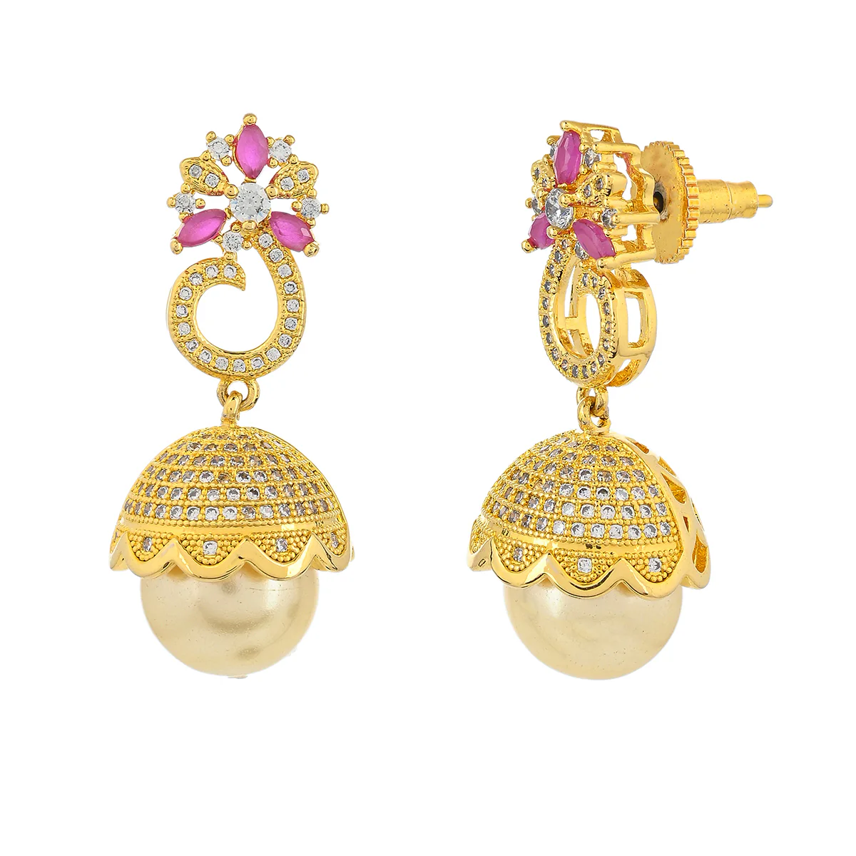 CZ Traditional Gold Plated Red & White Jhumka Earrings - Image 4