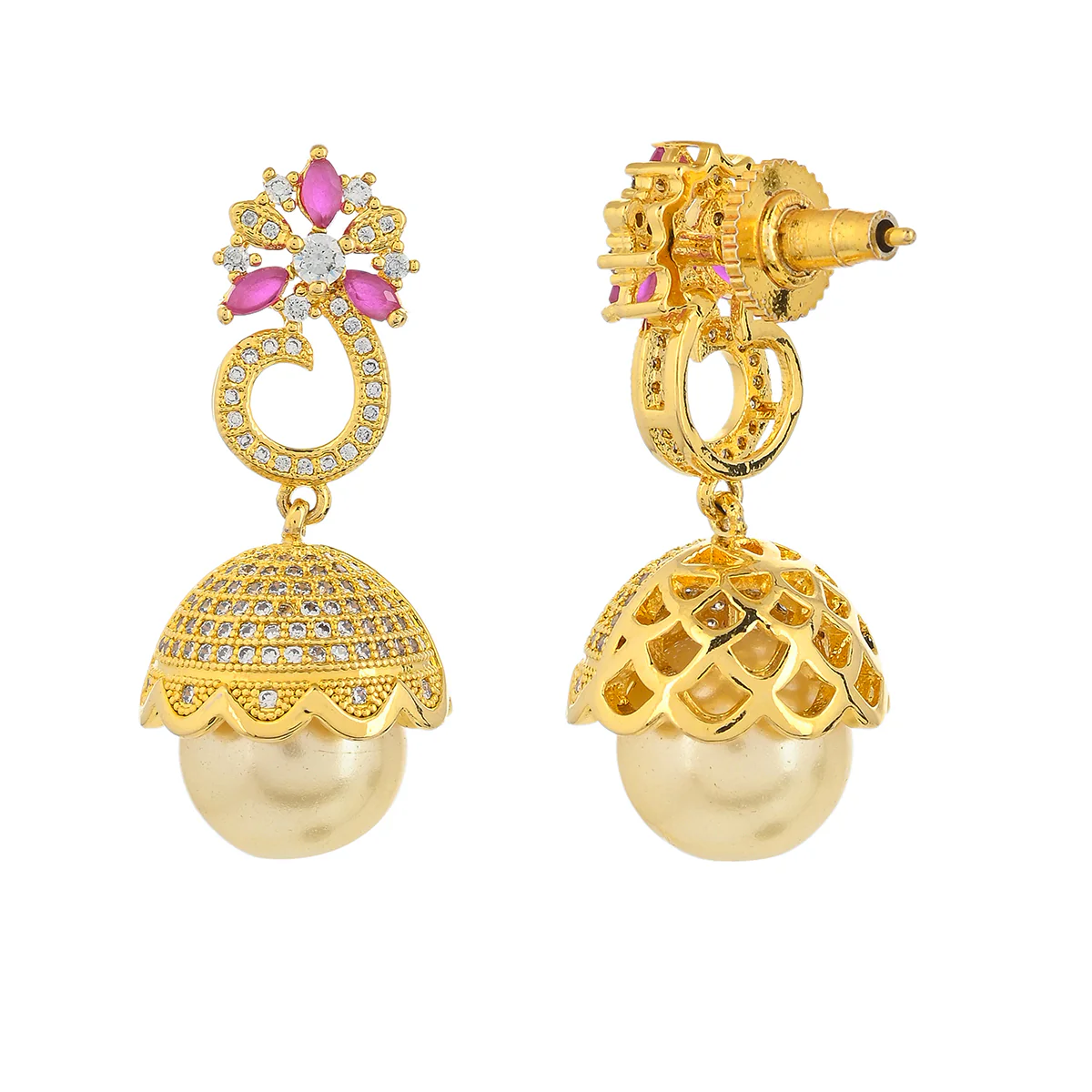 CZ Traditional Gold Plated Red & White Jhumka Earrings - Image 5