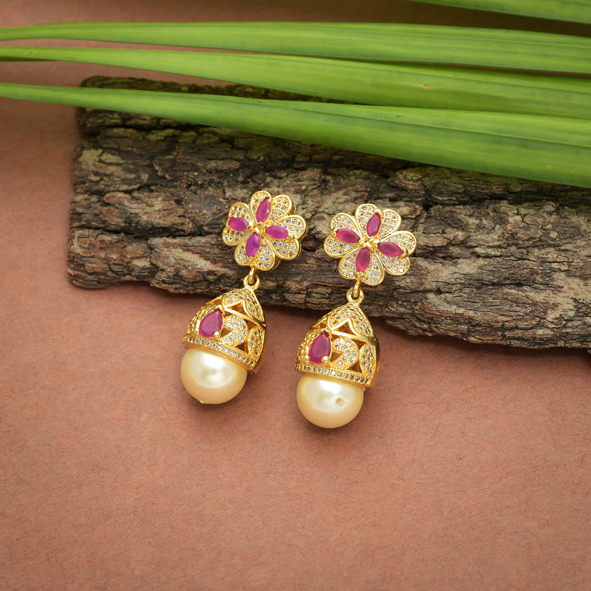 CZ Traditional Gold Plated Red & White Jhumka Earrings