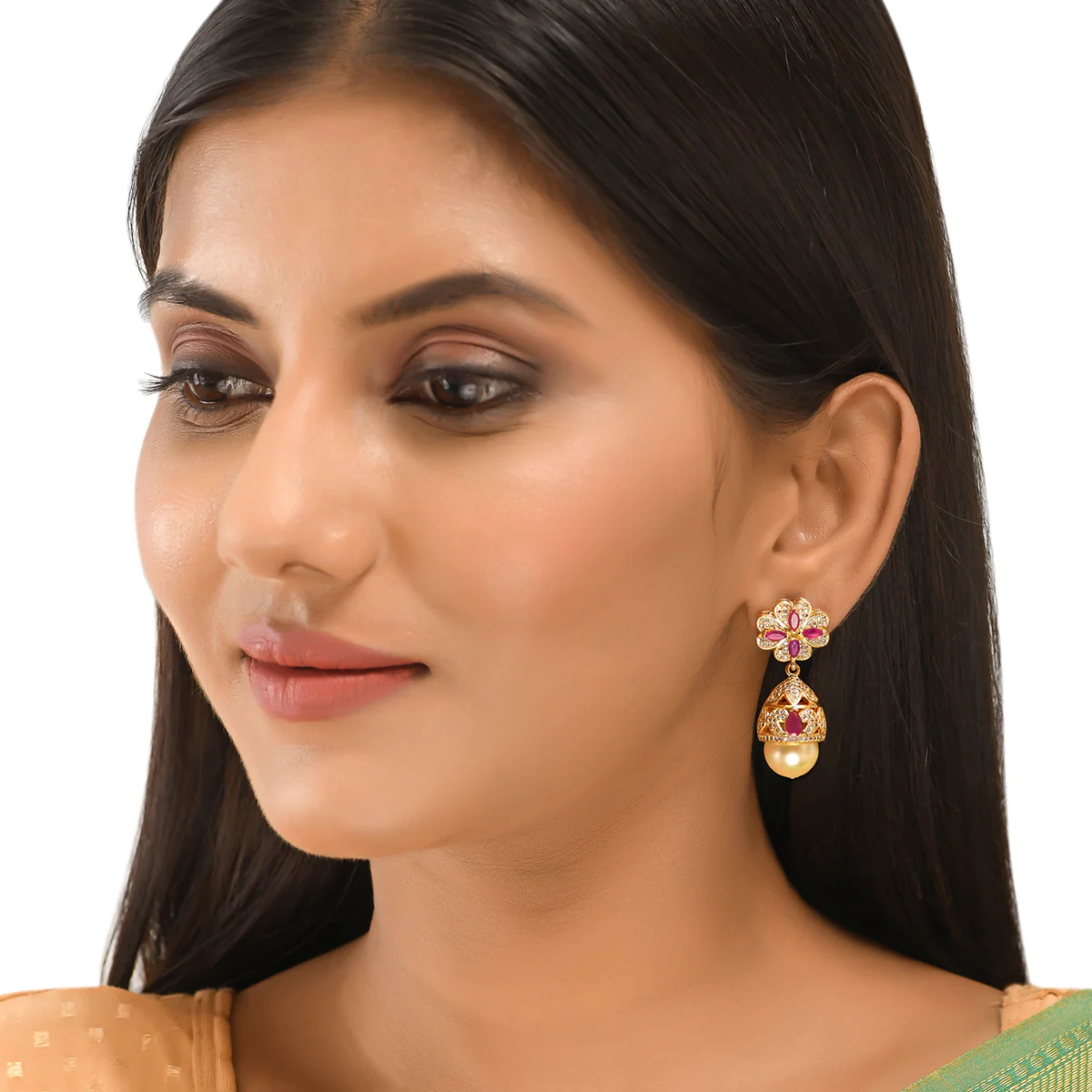CZ Traditional Gold Plated Red & White Jhumka Earrings - Image 2