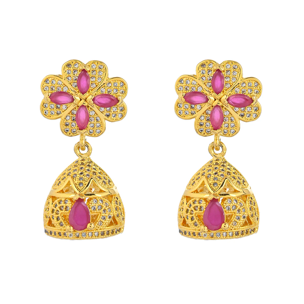 CZ Traditional Gold Plated Red & White Jhumka Earrings - Image 3