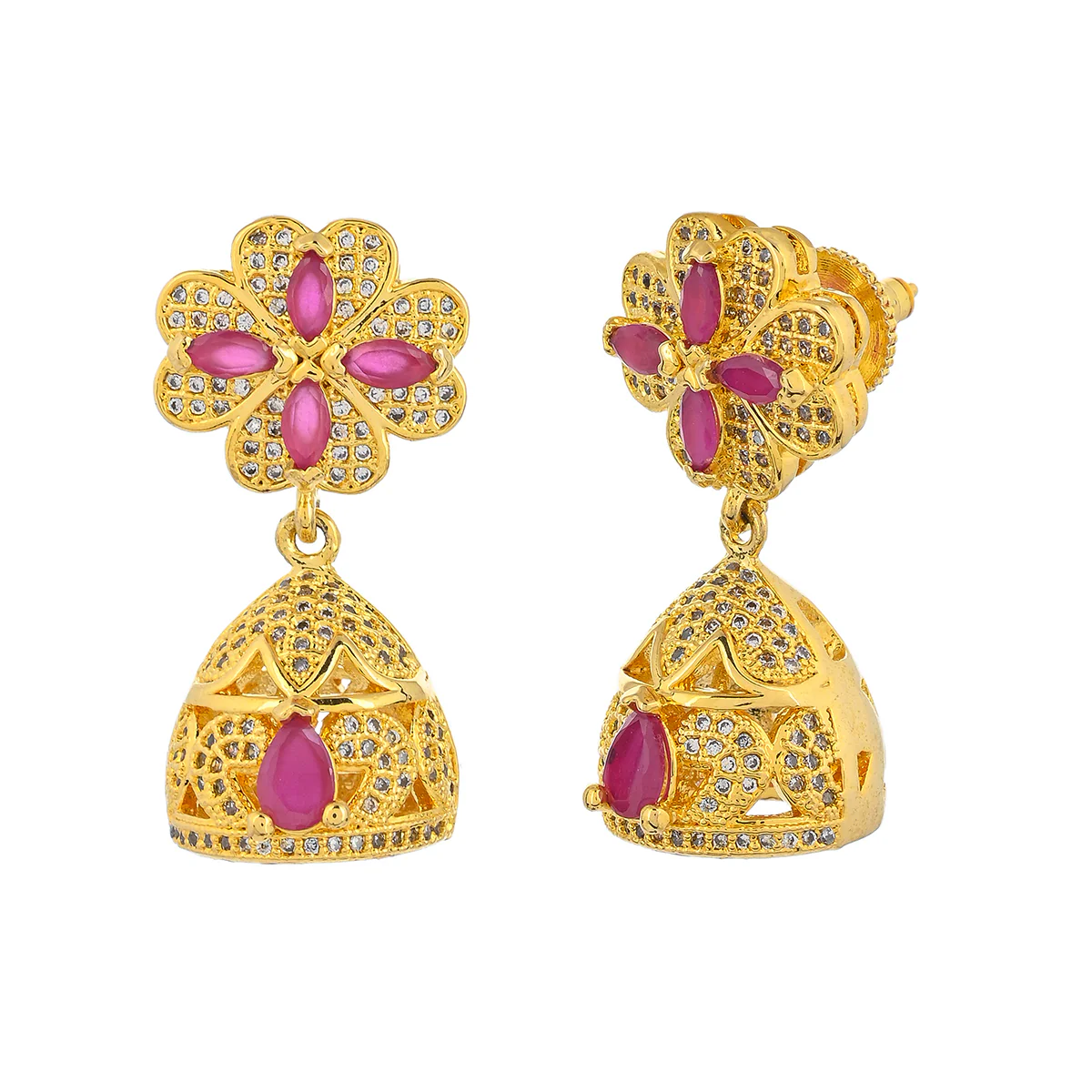 CZ Traditional Gold Plated Red & White Jhumka Earrings - Image 4