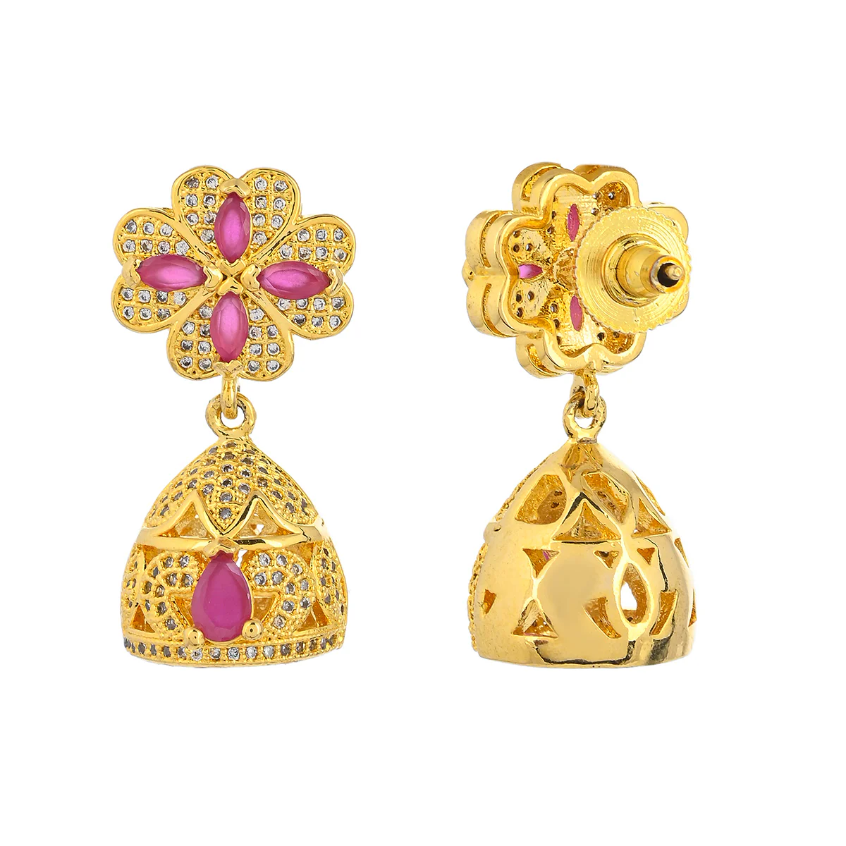 CZ Traditional Gold Plated Red & White Jhumka Earrings - Image 5