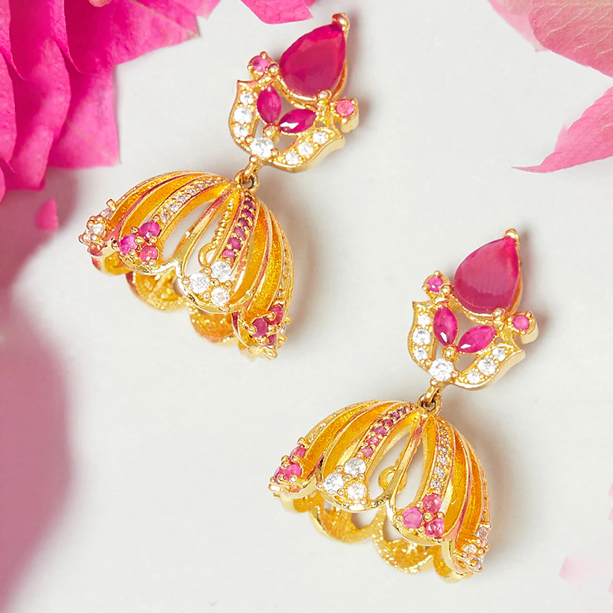 American Diamond CZ Traditional Gold Plated Red & White Brass Jhumka Earrings for Women