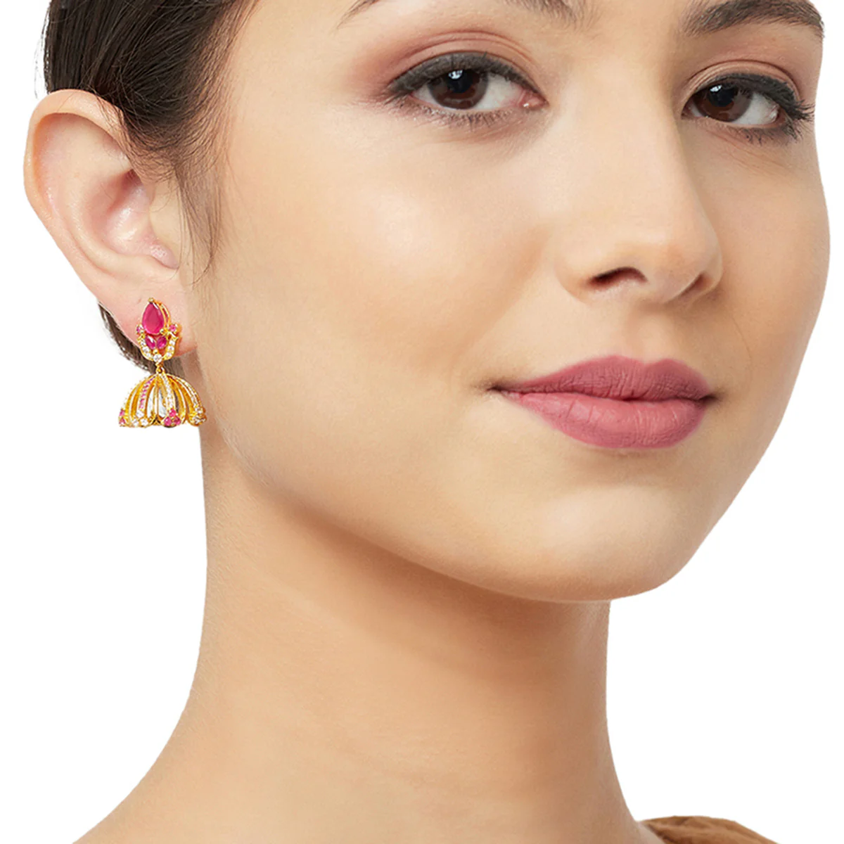 American Diamond CZ Traditional Gold Plated Red & White Brass Jhumka Earrings for Women - Image 2