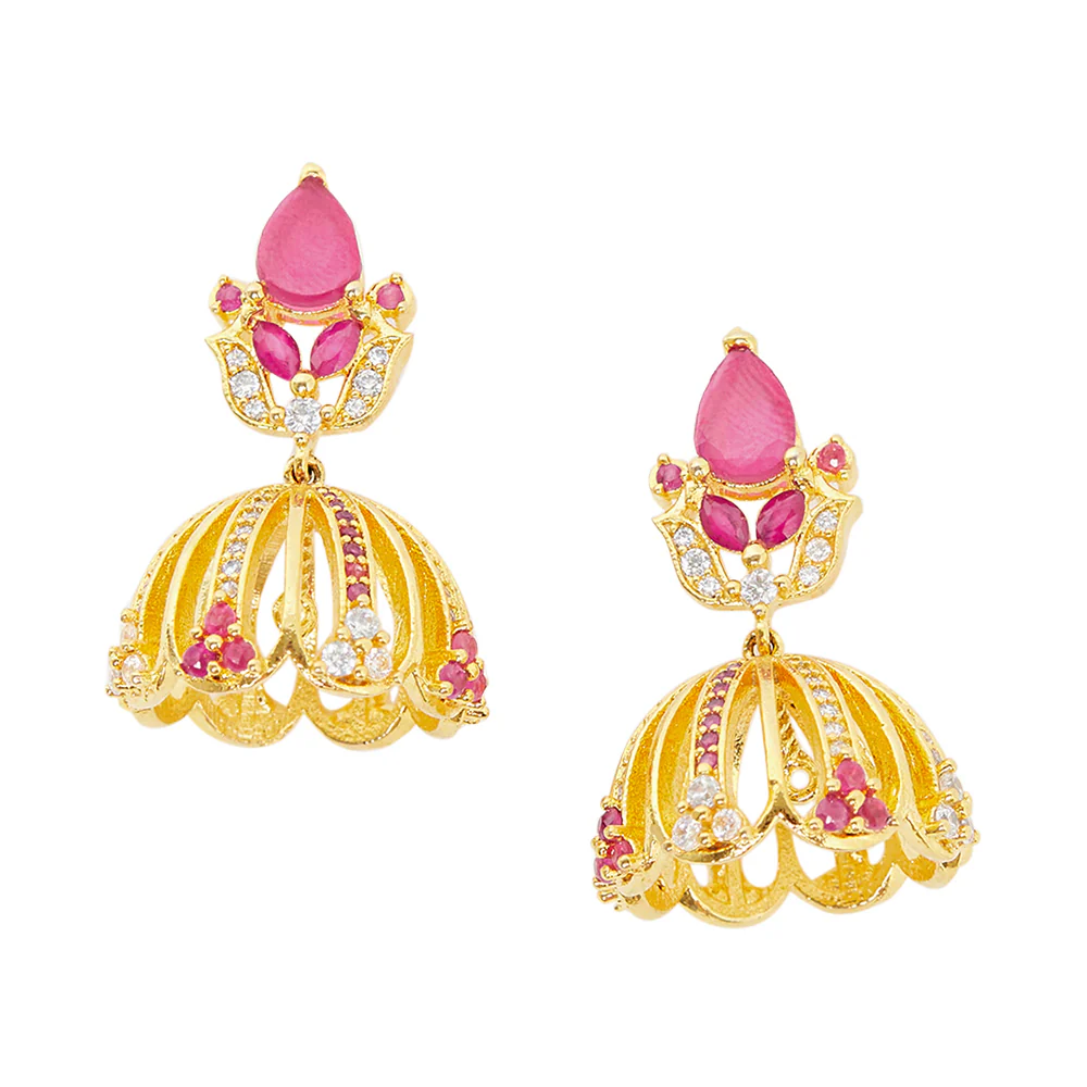 American Diamond CZ Traditional Gold Plated Red & White Brass Jhumka Earrings for Women - Image 3